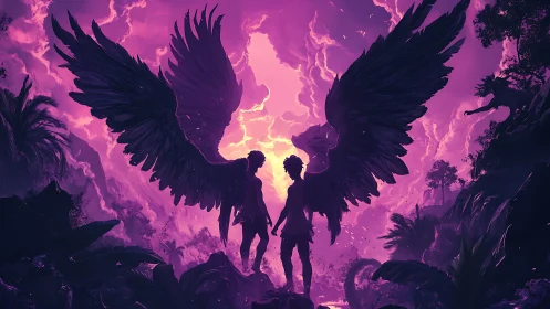 Dramatic winged figures share a glowing violet sky together