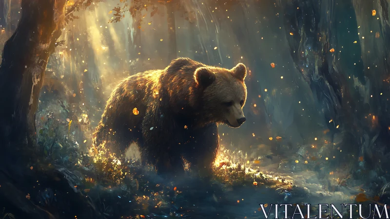 Backlit forest bear under volumetric god-rays at dusk.