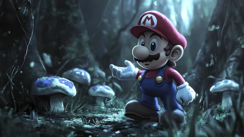 Plucky mustached adventurer wandering a misty mushroom forest.