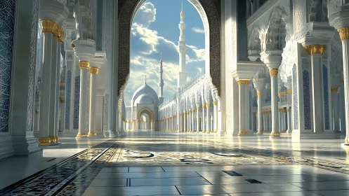 Sunlit Islamic colonnade with domes, arches and ornate inlays
