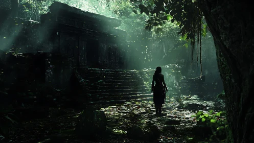 Mysterious jungle explorer walks toward a shadowed ancient temple