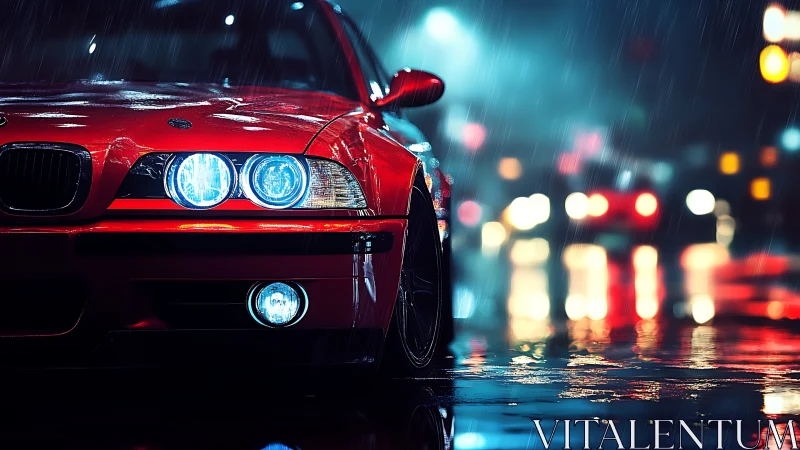 Red sports coupe with neon headlights on rainy city street.