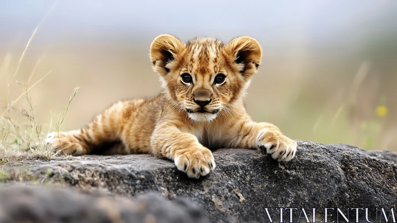 Lion cub resting alertly on rocky ledge in soft daylight.