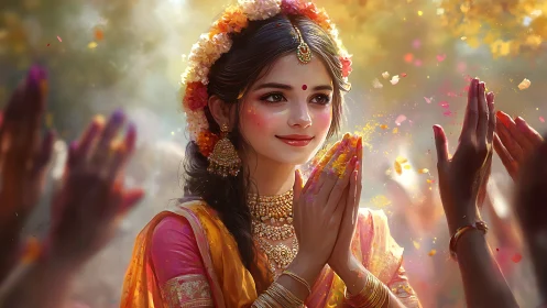 Young woman in traditional attire celebrating Holi, digital painting.