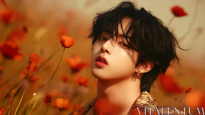 Soft-lipped daydreamer drifting in sunlit poppy tides.