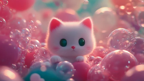 Adorable White Kitten in a Dreamy Bubble Paradise.