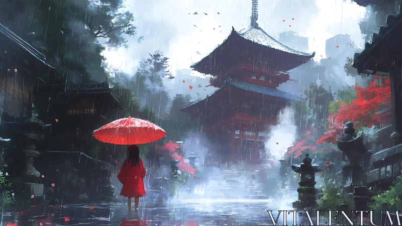 Red umbrella figure in misty temple rain with vivid foliage.