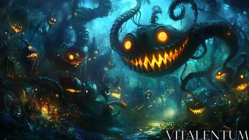 Glowing toothed entities occupy a dense bioluminescent forest