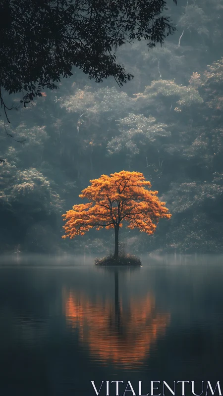 Photorealistic vertical study of lone autumn tree and reflection.