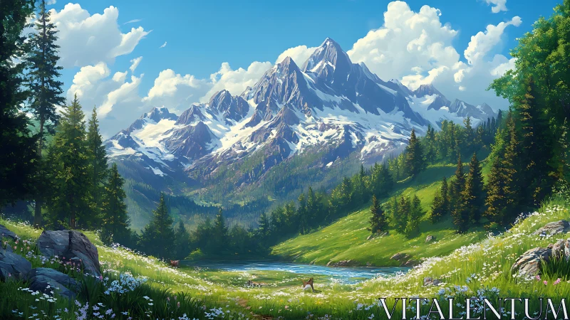 Snowcapped mountain range above alpine meadow and river.