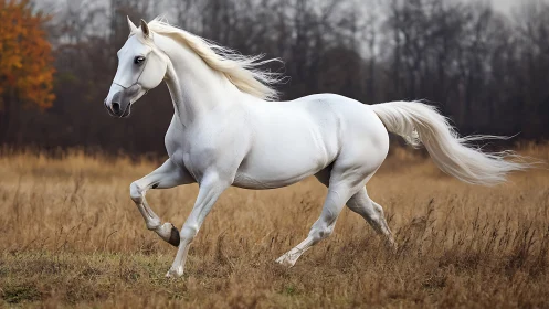 White stallion runs freely across autumn meadow landscape.
