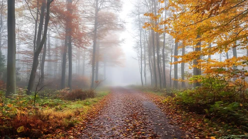 Autumn Forest Path Through Morning Mist.