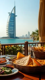 Waterfront Dubai dining with flatbread and iconic tower.