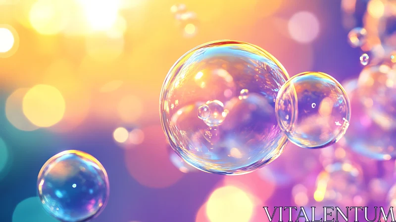 Prismatic soap bubbles drifting through a pastel sunrise dream.