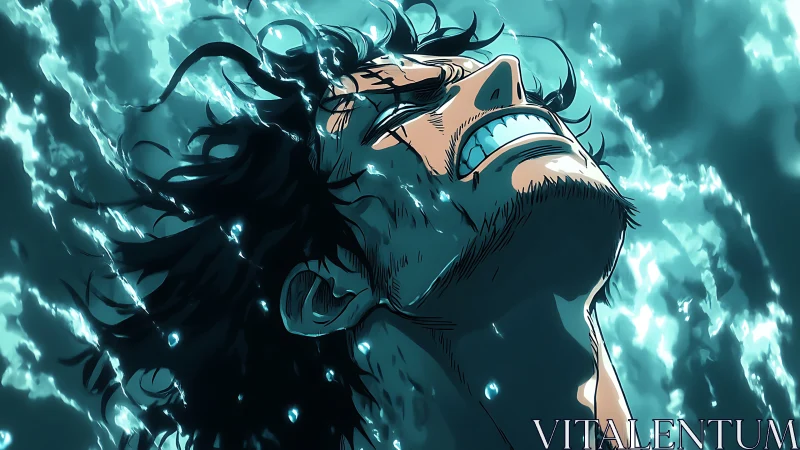 Anime man underwater lifting head in intense struggle.