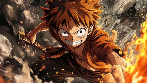 Fiery anime warrior lunges through shattering smoke and flame.