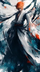 Stormborne swordsman in swirling teal and ember fury.