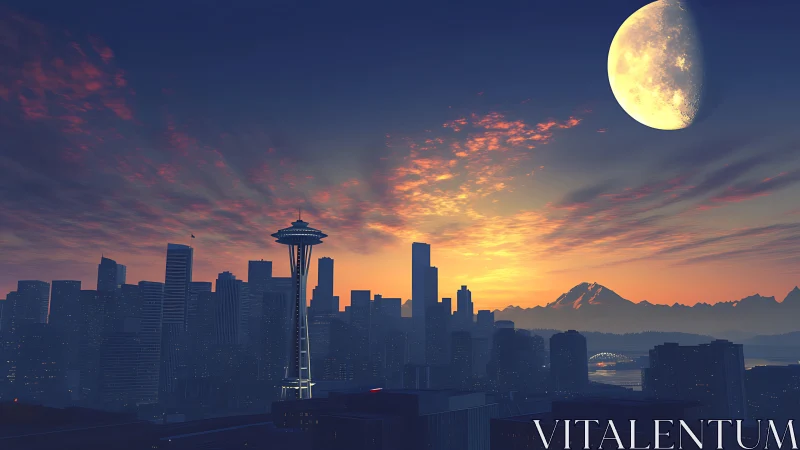 Dreamy city skyline under a glowing moonlit sunrise.