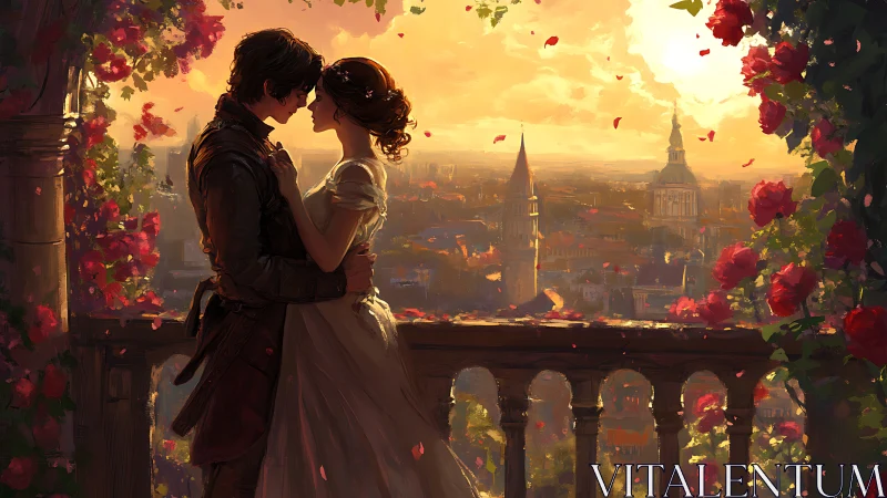 Romantic Couple on Balcony Above City Skyline