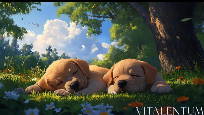 Golden retriever puppies sleeping in sunlit wildflower meadow