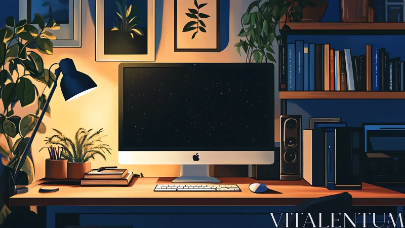 Digital illustration shows a desktop computer on wooden desk