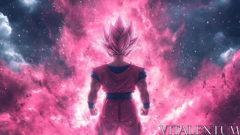 Back view anime fighter in pink energy cloud field.