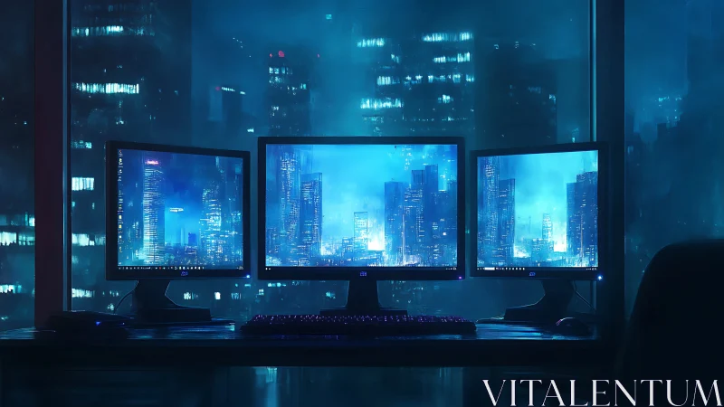 Triple-monitor workstation overlooks blue cyberpunk cityscape