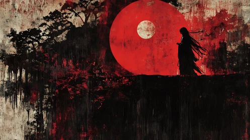 Silhouette beneath the crimson moon on a drifting forest cliff.