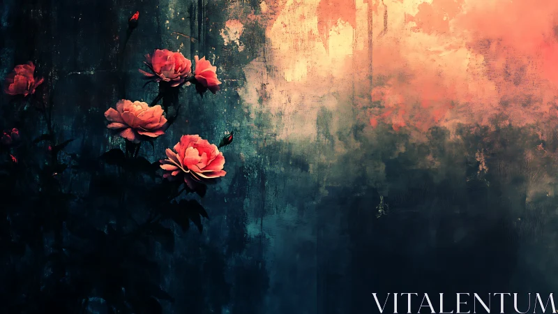 Coral Roses Against Weathered Dark Wall.