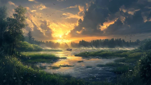 Radiant fluvial sunrise with volumetric clouds and misted treeline.