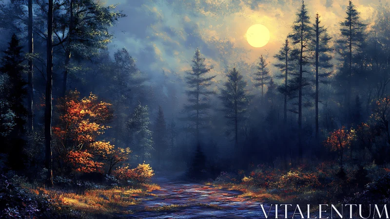 Forest landscape with celestial illumination and mist