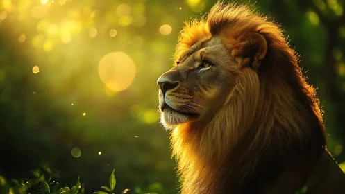 Backlit lion portrait with shallow depth of field and warm bokeh