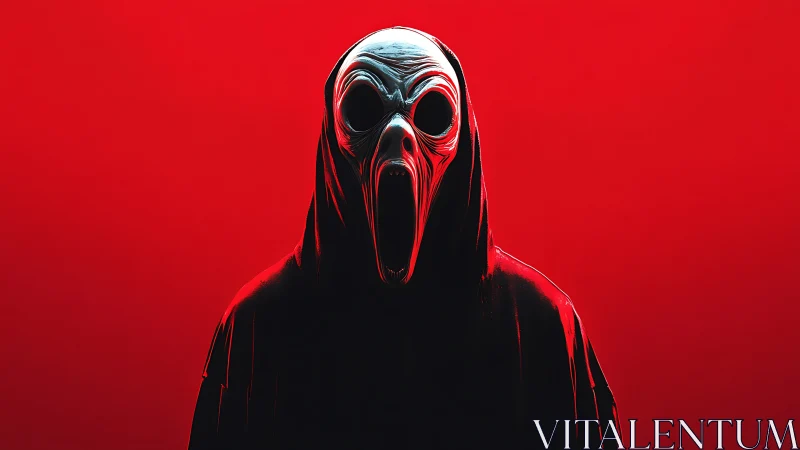 Hooded skeletal figure with elongated mask stands in red light