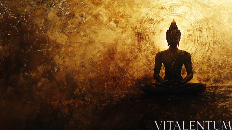 Buddha silhouette seated in meditation against golden halo.