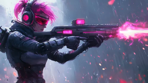 Cyberpunk sharpshooter profile with neon energy rifle firing.