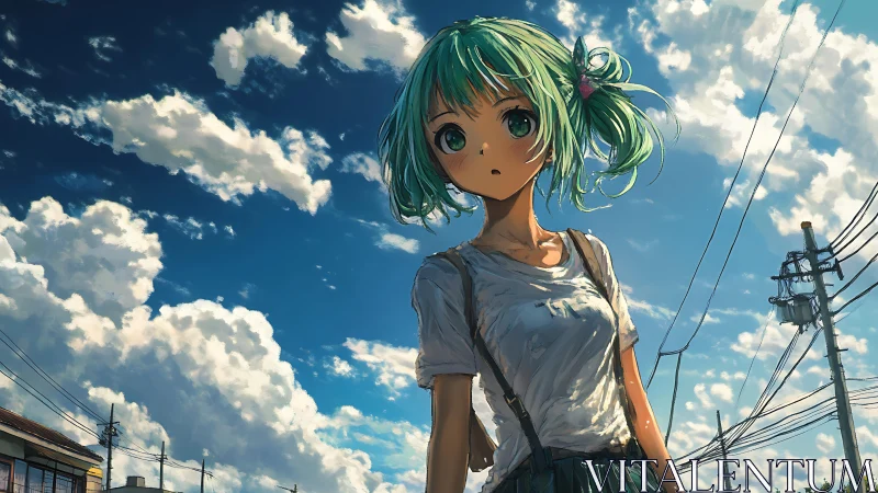 Atmospheric streetscape with teal haired anime pedestrian under cumulus sky.