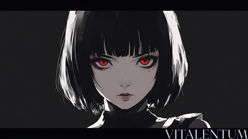 Dark haired anime girl with red eyes on black background.