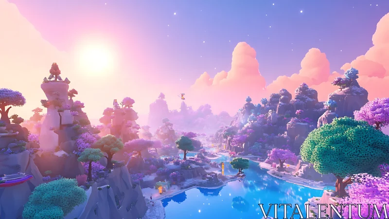 3D rendered fantasy landscape with ethereal pink and blue color grading