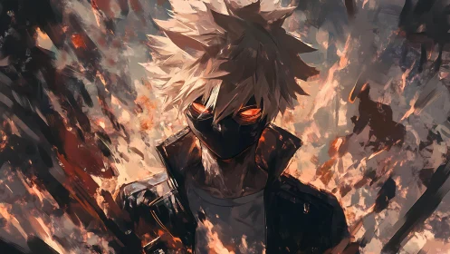 Masked antihero stands amid swirling flames and chaos.