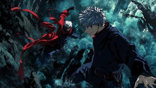 Storm-ripped chasm duel with twin white-haired warriors.