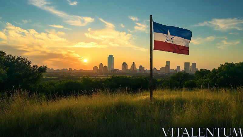 Lone star flag leans into a molten Texas-style sunset glow