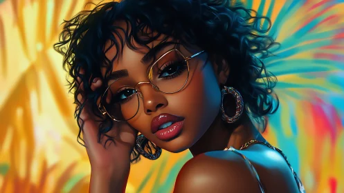 Digital portrait glam woman with glasses, neon backdrop.