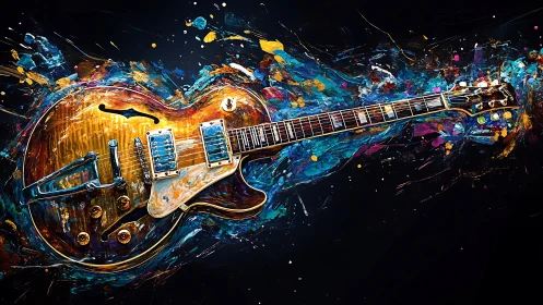 Golden electric guitar glows as vibrant paint swirls around