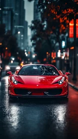 Red sports car glowing on a rainy city street at dusk.
