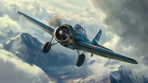 Single-engine military aircraft over clouded mountains.