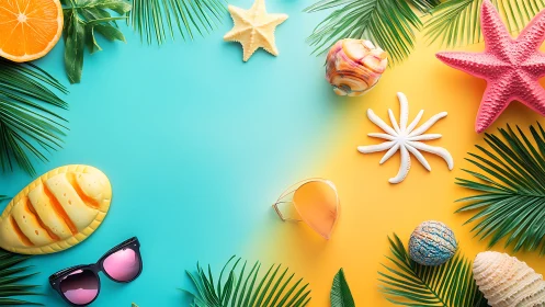 Summer beach accessories on turquoise and yellow background.