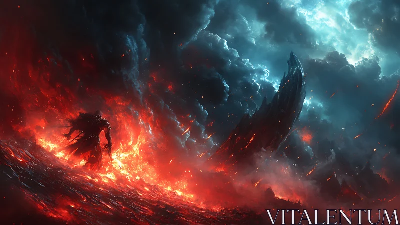 Fiery warrior strides through molten storm under raging sky