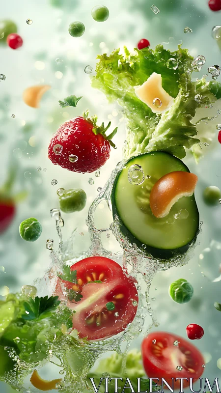 Mixed salad ingredients in suspended water splash composition.