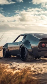 Photorealistic widebody classic coupe on coastal sandscape.