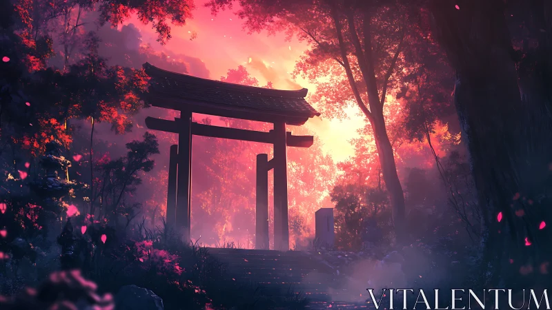 Backlit torii gate silhouettes against ethereal vermilion forest glow